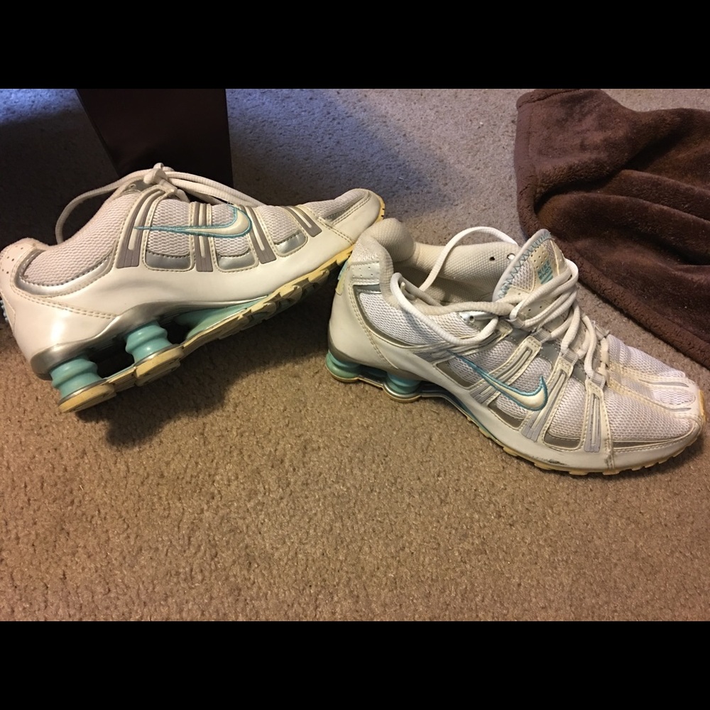 White and blue nike shox
